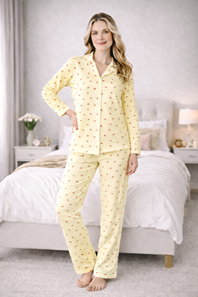 FORMO Women's Cherry Patterned Quality Milan Fabric Soft Tuşe Shirt Collar Bu...