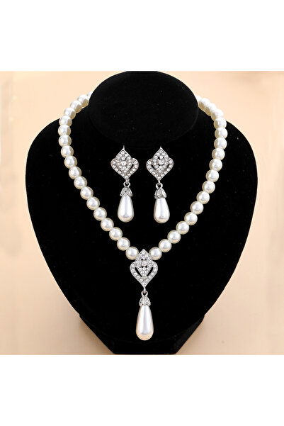 Kracer Silver Necklace and Earrings Set with White Pearls and Zirconia Stones...