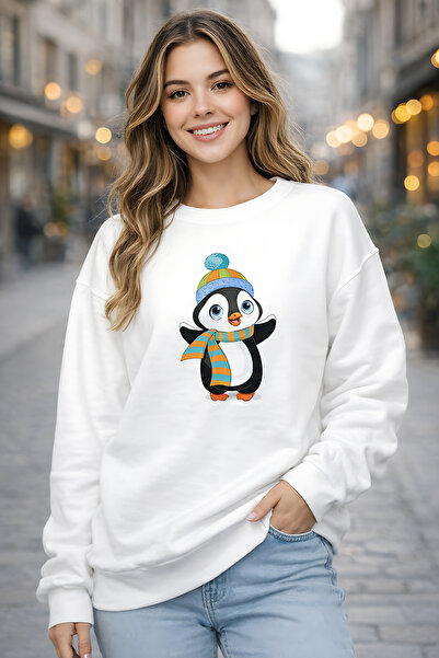 ArtYus Penguin Character Printed Relaxed Fit Fleece-Lined 3 Thread Crew Neck ...