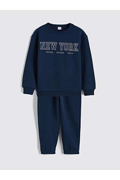 LC Waikiki Lcw Kids Navy Blue Crew Neck New York Printed Boys Tracksuit Set
