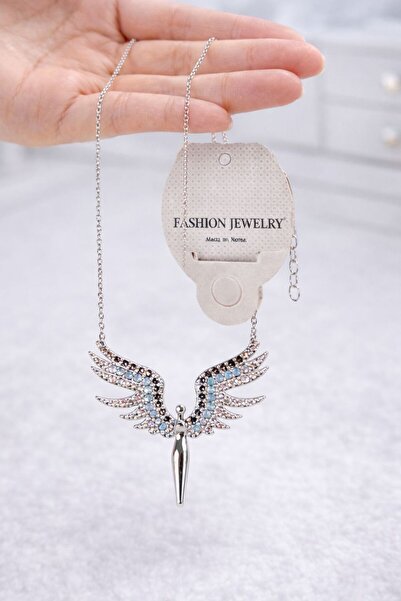 ZEMPERİ Melek Figürlü Zirkon Taşlı Melek Kanadı Kararmaz Gold Çelik Kolye