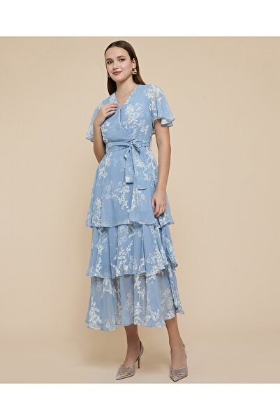 R&B Floral Print Layered Dress With V-Neck And Flared Sleeves