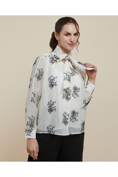 R&B Embroidered Top With Tie-Up Neck And Long Sleeves