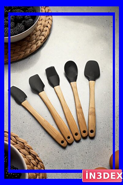 İN3DEX 5-Piece Bamboo Handle Kitchen Spatula Set Black