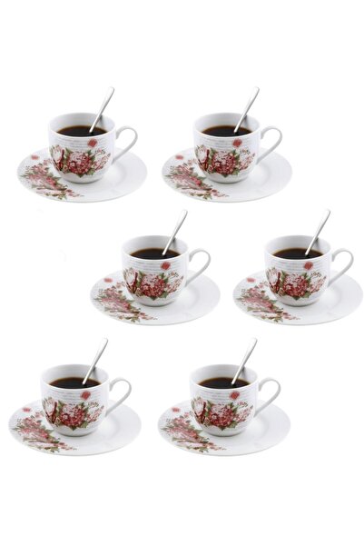 ALBETTO 6 Kişilik Porselen Çay Fincanı Kaşıklı Çiçekli 150ml