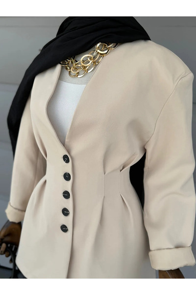 timur örme Pileli Blazer Ceket - ES - Taş