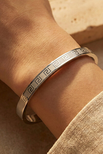 Rua Jewelry Çelik Thea Grek Desenli Kelepçe Bileklik Gümüş Renk 6mm | Kararma...