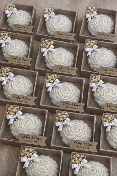 Defne Magnet 10 adet şakayık detaylı Kraft kutuda mum söz, nişan, nikah, düğü...