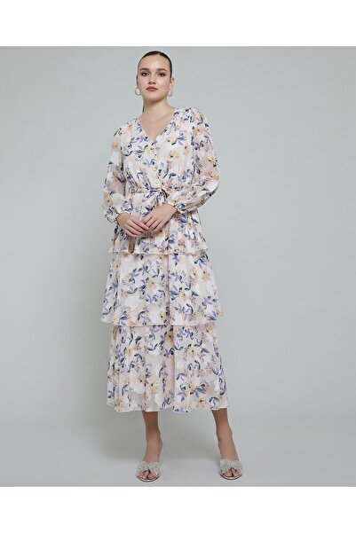 R&B Floral Print Layered Dress With V-Neck And Long Sleeves