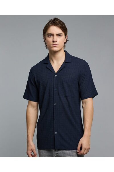 R&B Textured Shirt With Revere Collar And Short Sleeves
