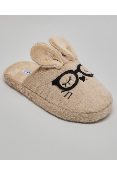 R&B Women's Beige Embroidered Bedroom Slippers