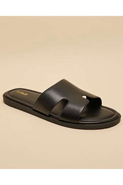 R&B صندل رجالي أسود مسطح بتفاصيل مفتوحة