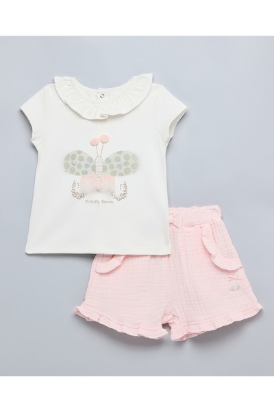 R&B طقم بلوزة وشورت مطبوع باللون العاجي للبنات