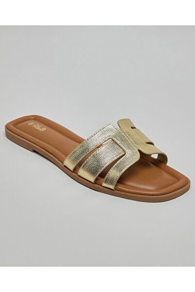 R&B صندل نسائي مسطح ذهبي اللون بفتحات