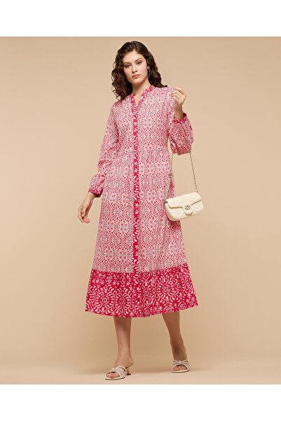 R&B Patterned A-Line Dress With Mandarin Collar And Long Sleeves