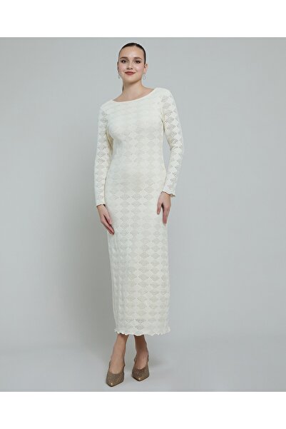 R&B Openwork Column Dress With Round Neck And Long Sleeves