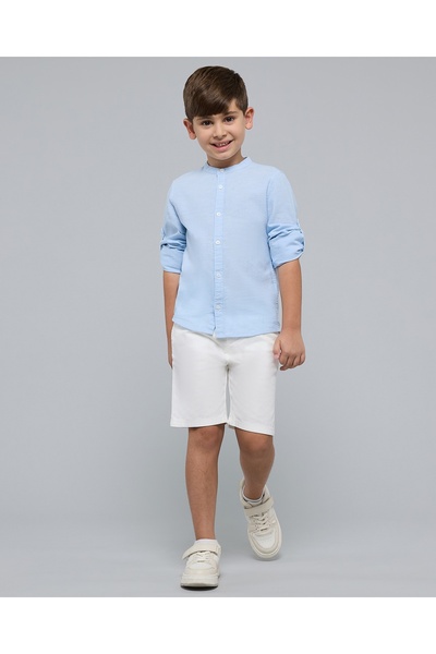 R&B قميص سادة بياقة ماندرين وأكمام طويلة