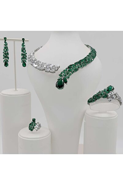 Generic Elegant 5-piece silver-green zircon set, special edition, diamond-qua...