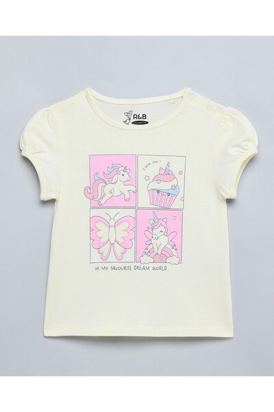 R&B Unicorn Print Top With Crew Neck And Puff Sleeves