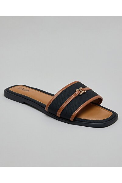 R&B Women's Black Contrast Trim Flat Sandals