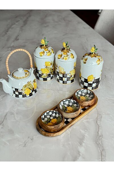 CREARTHOME Linda 4-Piece Snack Set Mango Tree Serving Presentation Plate Lemon Pattern Mi̇ss9663-43
