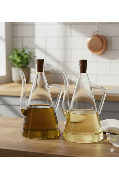 İthal 500 ml Heat Resistant Acacia Lid Glass Oil and Vinegar Set