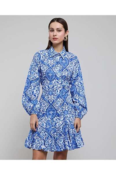 R&B Patterned Shirt Dress With Bishop Sleeves
