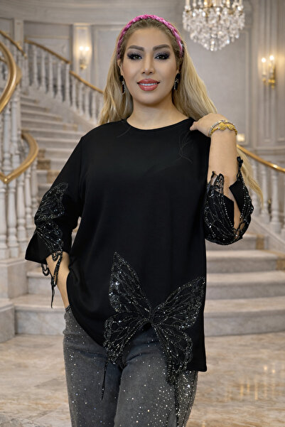 Yeşilmoda Kadın Siyah Üç İplik Pamuklu Taş İşlemeli Kelebek Detaylı Bluz abiy...