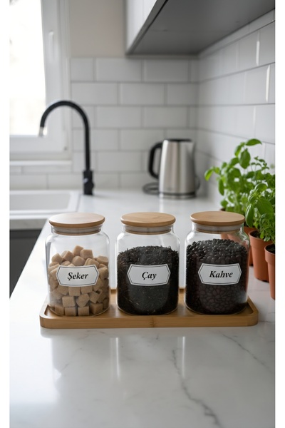 ÖZ HOME 3-Piece Vacuum Bamboo Lid Glass Storage/Organization Jar with Stand 9...