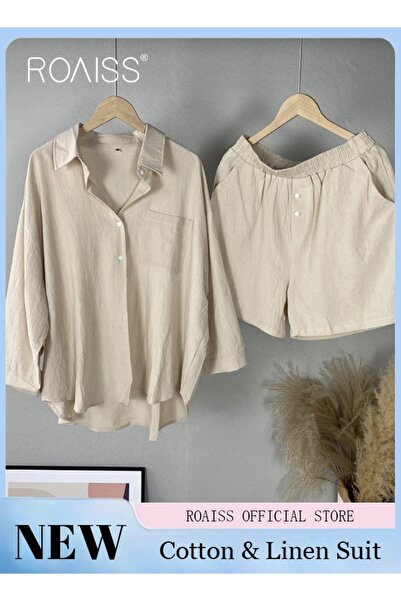 ROAISS Women's Summer Two Pieces Set Solid Color Lapel Cotton Linen Shirt Hig...