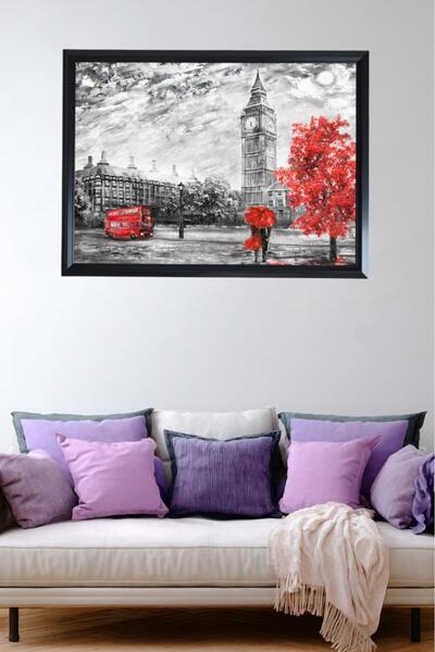 LUXRN Framed Wall Painting Black and White City Themed with Red Detail Uv Pri...