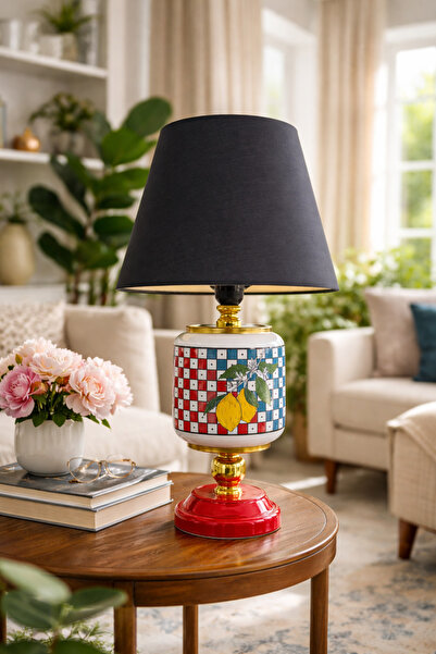 ferayhome Abajur Aydınlatma Seramik Oval Damalı Limonlu Desen Siyah Şapka Gol...