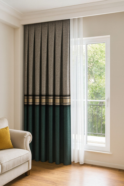 Fluiana Fon Perde Desenli Zümrüt Yeşili - Gri Sık Pile Dikim, Blackout (TEK K...