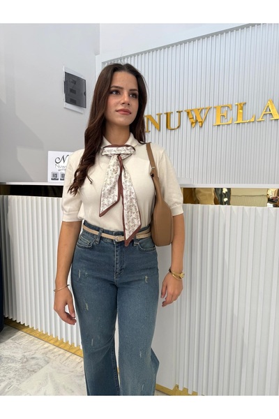 MODA kadın fularlı triko kısa kol bluz