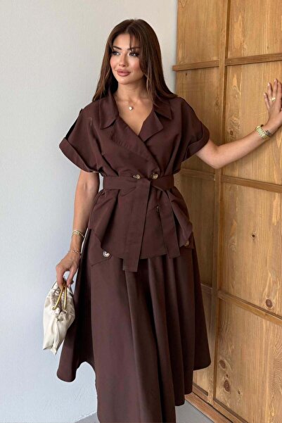 ZISHAN سترة نسائية بيج بتصميم السفاري مع حزام وتنورة واسعة طقم من قطعتين 805