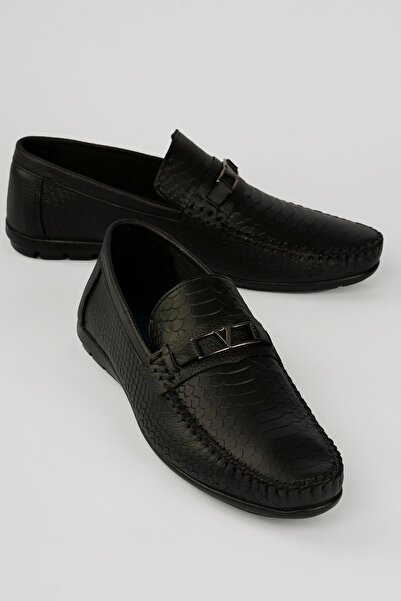 Mubiano Men's Genuine Leather Loafer with Buckle Crocodile Pattern Magnus Black