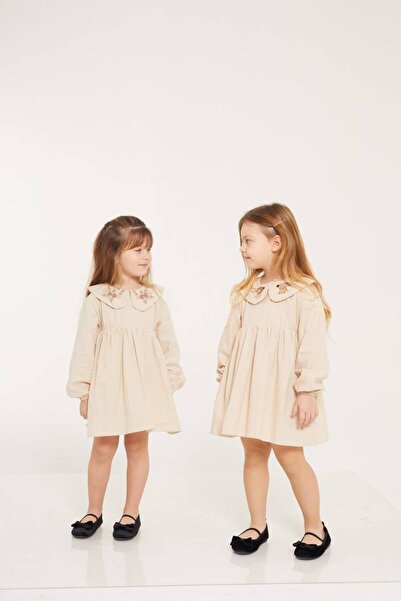 Wind Baby Kız Çocuk Bej Nakış Detaylı Yakalı Elbise