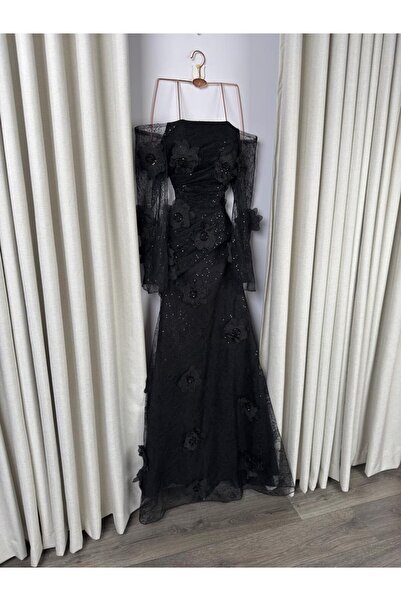 LAVİE FASHİON Tulle evening dress embroidered with flowers and beads