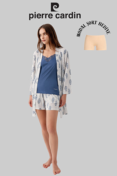 Pierre Cardin Women's Blue Patterned Pajama Set with Shorts (3-Piece Pajama S...