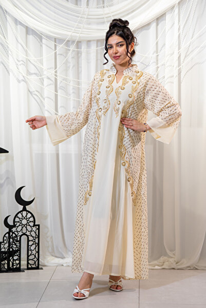 Hasnaa Abaya Off-white Ramadan jalabiya with embroidery and beadwork