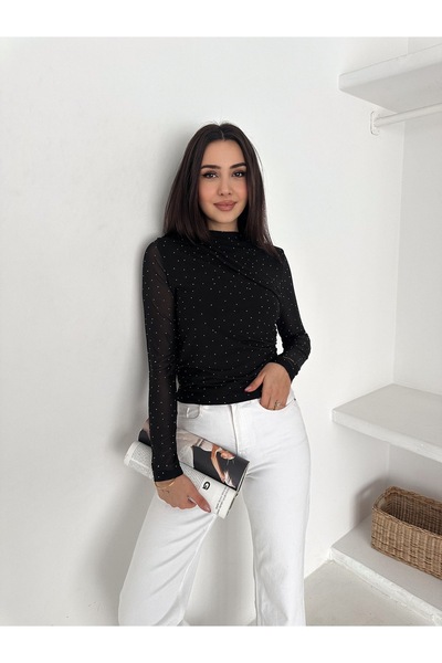 gozdefashion Women's Shoulder Gathered Stone Detailed Blouse