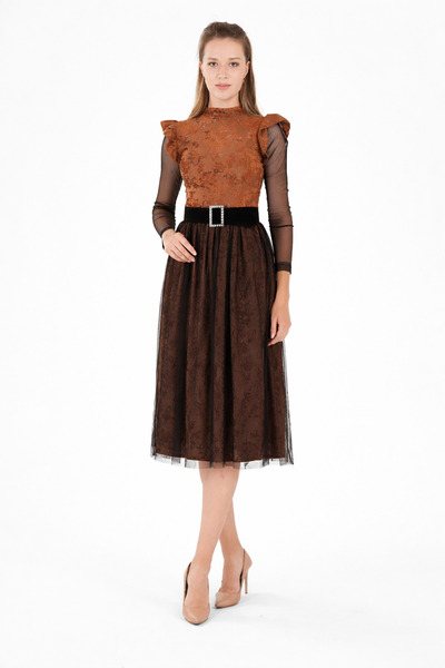 codemark Women's Silvery Velvet Dress with Ruffled Shoulders and Tulle Detail