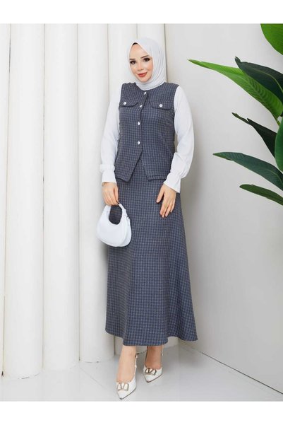NURSİDA Women's Knitted Checkerboard Patterned Double Set