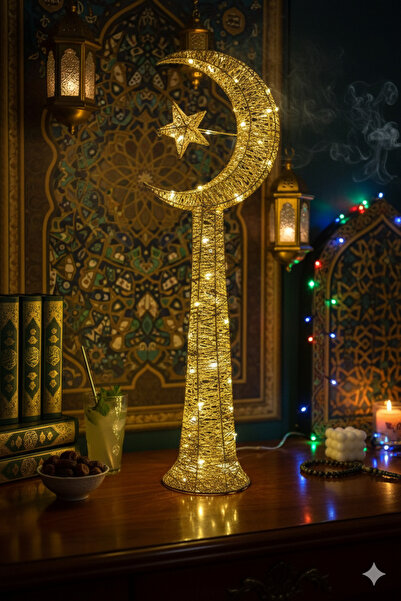 Modern shop Crescent and star stand with battery light, gold color, 70 cm long