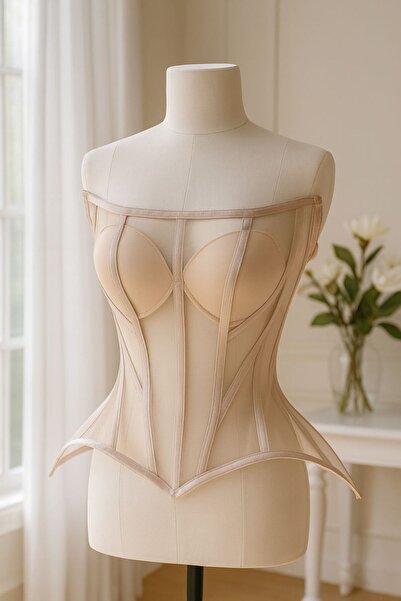 MODA Ten Transparan Korse Oval Yaka -Büstiyer Bağcıklı