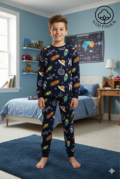 İYİBU Set de pijamale pentru băieți cu model spațial bumbac 100% Interlok de ...