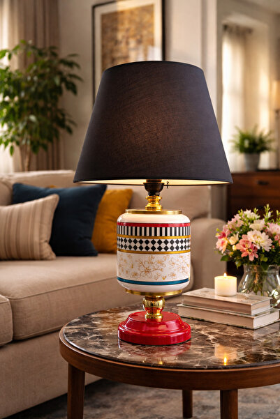 ferayhome Abajur Aydınlatma Seramik Oval Kelebek Desen Siyah Şapka Gold - Fer...