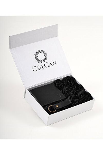 CüzCan Premium Gift Rose Box - Joseph Black Genuine Leather Wallet - Keychain...