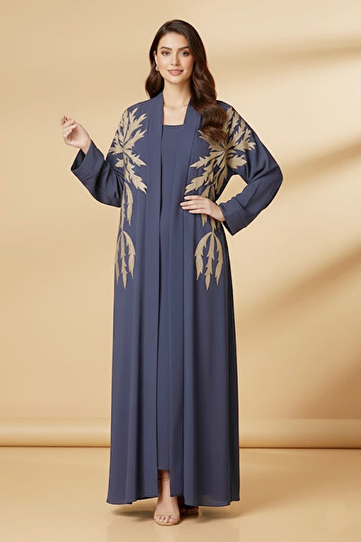 Muchmy 2 Pieces Women’s Navy Blue Open Abaya And Inner With Gold Leaf Embroid...