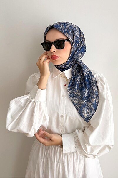 poplin LACİVERT EBRULİ DESEN EŞARP